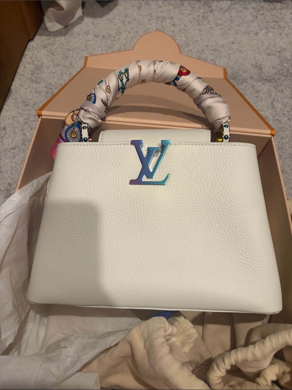 Louis Vuitton White Capucines BB with Iridescent LV Hardware